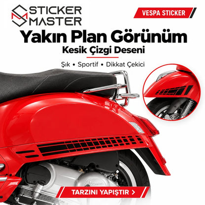 Kesik çizgili siyah Vespa GTS yan çıta stickerı folyo kesim yakın plan detayı