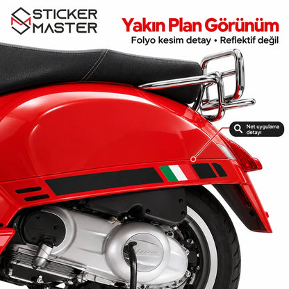 Italy Özel Seri Vespa GTS250 GTS300 siyah İtalyan bayrağı yan çıta sticker yakın plan