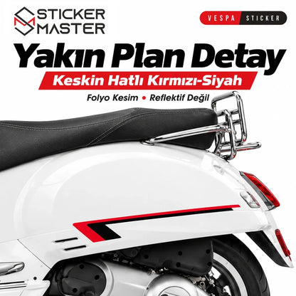 Vespa uyumlu yan çıta sticker kırmızı siyah folyo kesim yakın plan