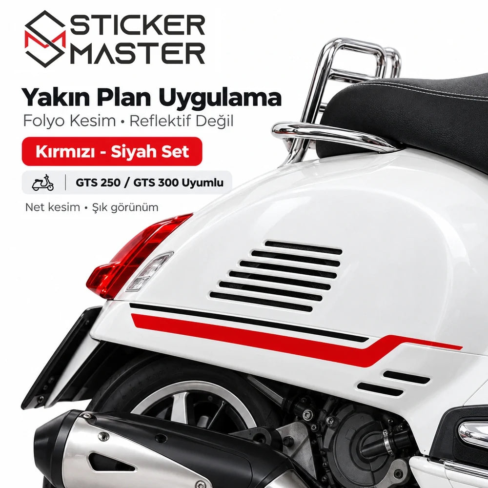 Vespa GTS 250 300 kırmızı siyah yan çıta sticker folyo kesim yakın plan görünüm