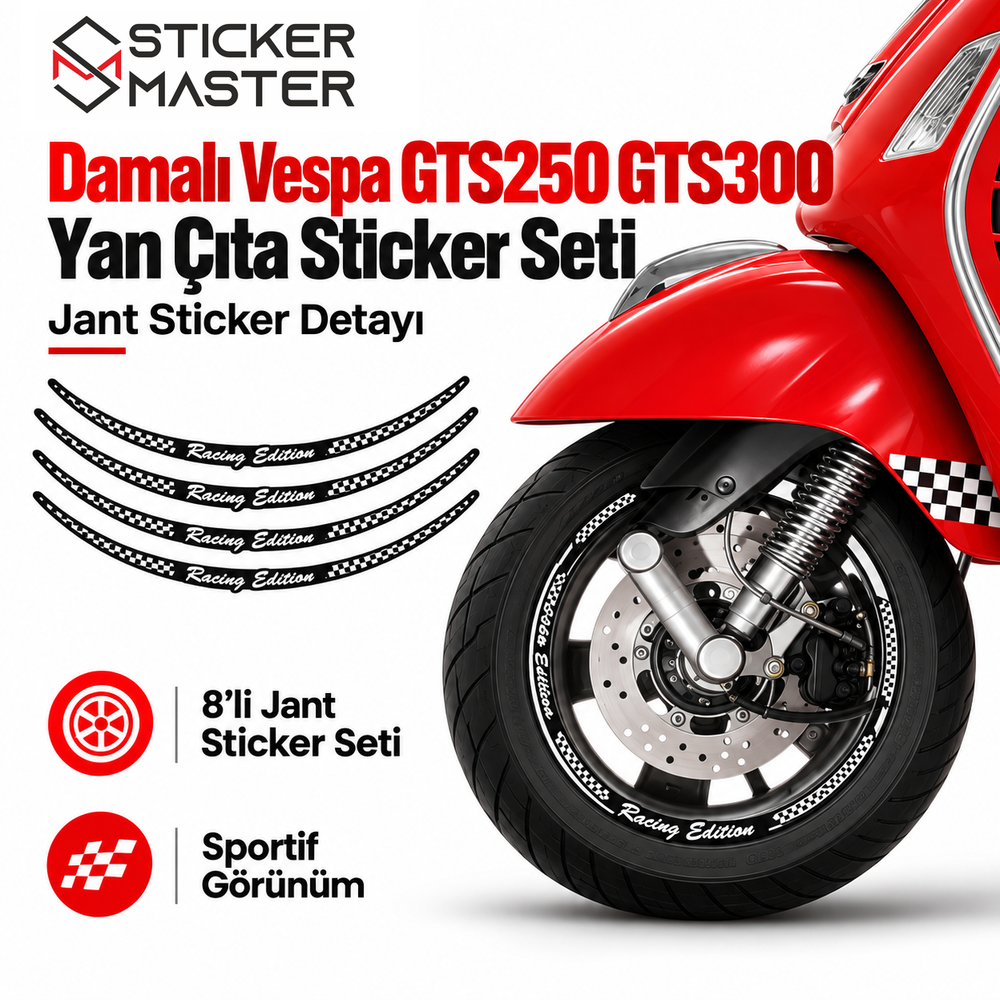 Vespa GTS250 GTS300 damalı Racing Edition 8 parça jant sticker detay görseli