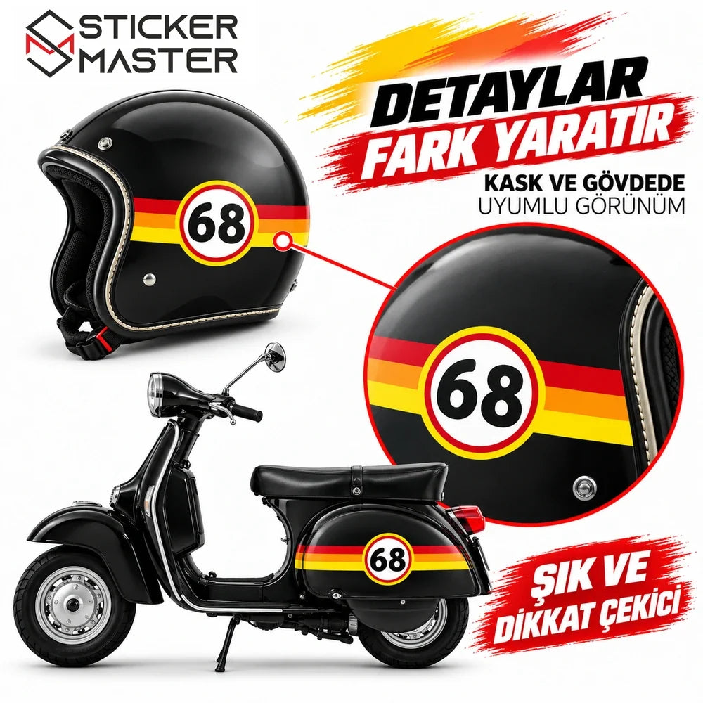 Vespa yarış numarası 68 örnek uygulama kask ve scooter gövdesinde detay görüntü
