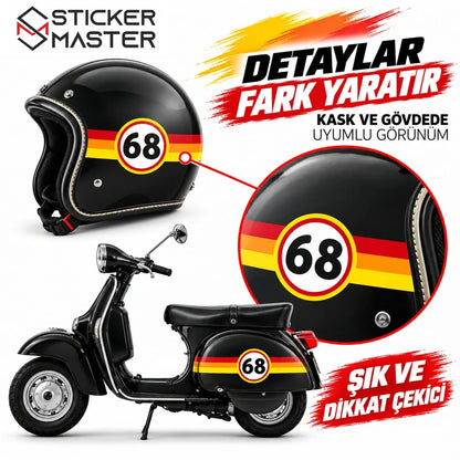 Vespa yarış numarası 68 örnek uygulama kask ve scooter gövdesinde detay görüntü