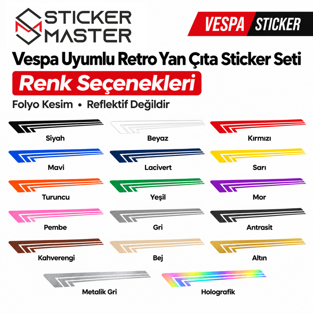 Vespa uyumlu retro yan çıta folyo kesim sticker 17 renk seçeneği siyah mavi sarı holografik