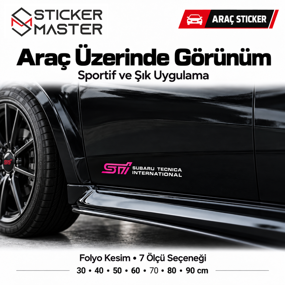 Subaru STI Tecnica International pembe siyah sticker siyah araç yan kapısında