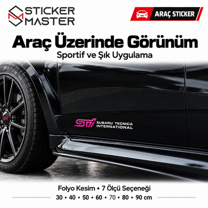 Subaru STI Tecnica International pembe siyah sticker siyah araç yan kapısında