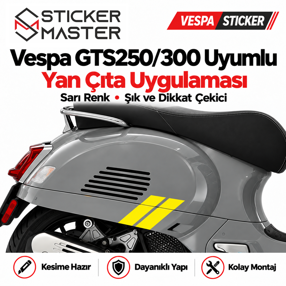 Vespa GTS250/300 yan gövde folyo kesim sticker uygulama detayı