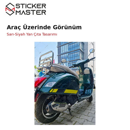 Vespa GTS250 GTS300 sarı siyah yan çıta sticker yeşil scooter üzerinde uygulama fotoğrafı