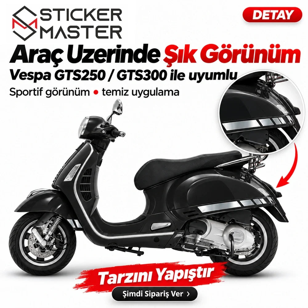 Vespa GTS250 GTS300 metalik gri görünümlü yan çıta sticker seti siyah scooter uygulaması