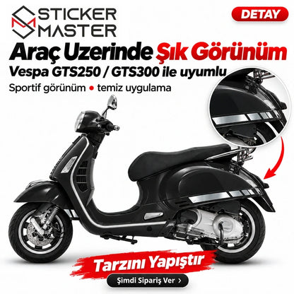 Vespa GTS250 GTS300 metalik gri görünümlü yan çıta sticker seti siyah scooter uygulaması