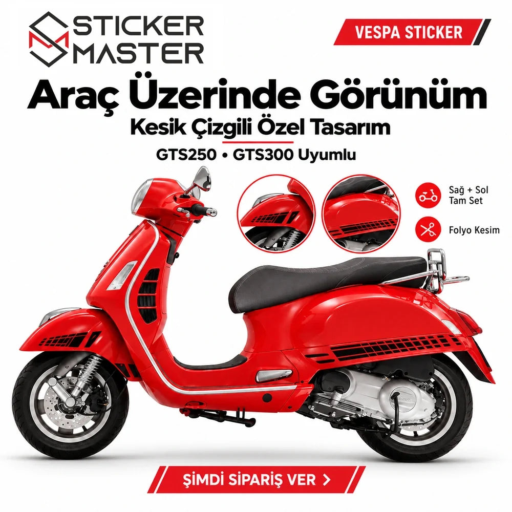 Kesik çizgili Vespa GTS250 GTS300 sticker seti kırmızı scooter üzerinde görünüm