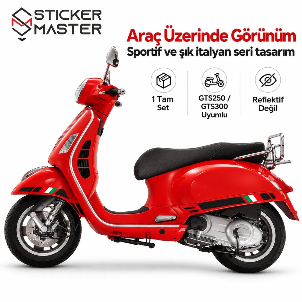 Italy özel seri Vespa GTS250 GTS300 yan çıta sticker kırmızı scooter üzerinde görünüm