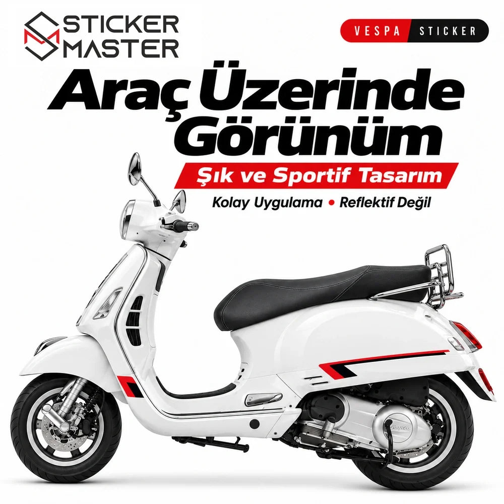 Vespa uyumlu kırmızı siyah yan çıta seti beyaz scooter üzerinde görünüm