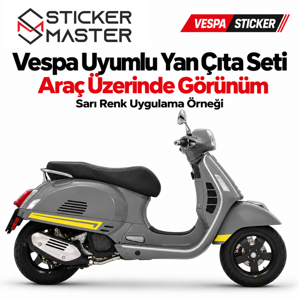 Vespa uyumlu yan çıta seti sarı şeritli gri scooter üzerinde uygulama görseli
