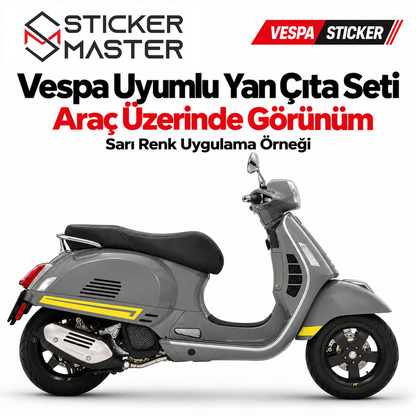 Vespa uyumlu yan çıta seti sarı şeritli gri scooter üzerinde uygulama görseli