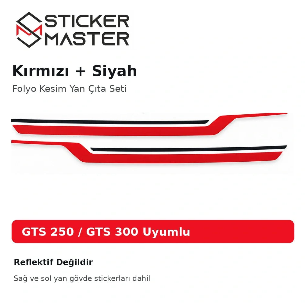 Vespa GTS 250 300 kırmızı siyah yan çıta sticker seti reflektif değil ürün detayı