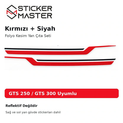 Vespa GTS 250 300 kırmızı siyah yan çıta sticker seti reflektif değil ürün detayı