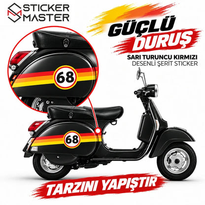 Vespa uyumlu sarı turuncu kırmızı şerit sticker siyah scooter üzerinde detay