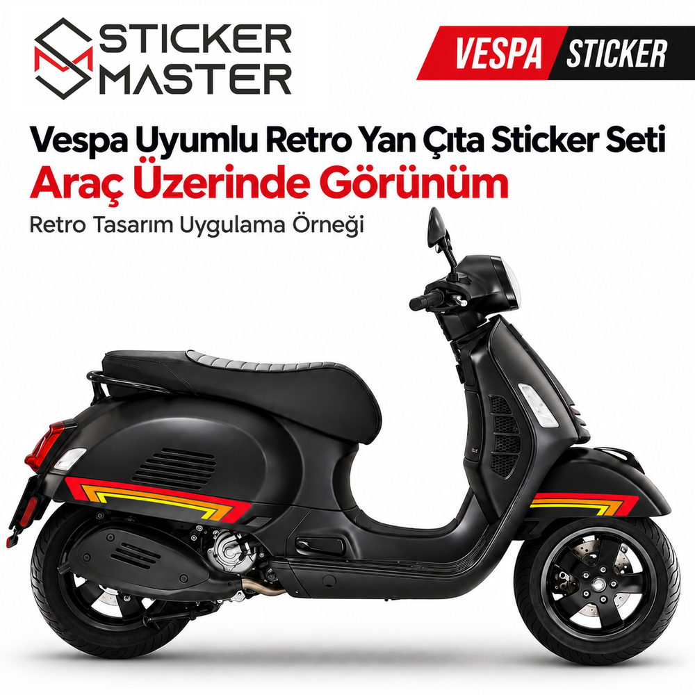 Vespa uyumlu retro yan çıta sticker kırmızı sarı turuncu şeritli siyah scooter üzerinde uygulama