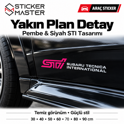 Subaru STI Tecnica International sticker pembe siyah yakın plan araç uygulaması