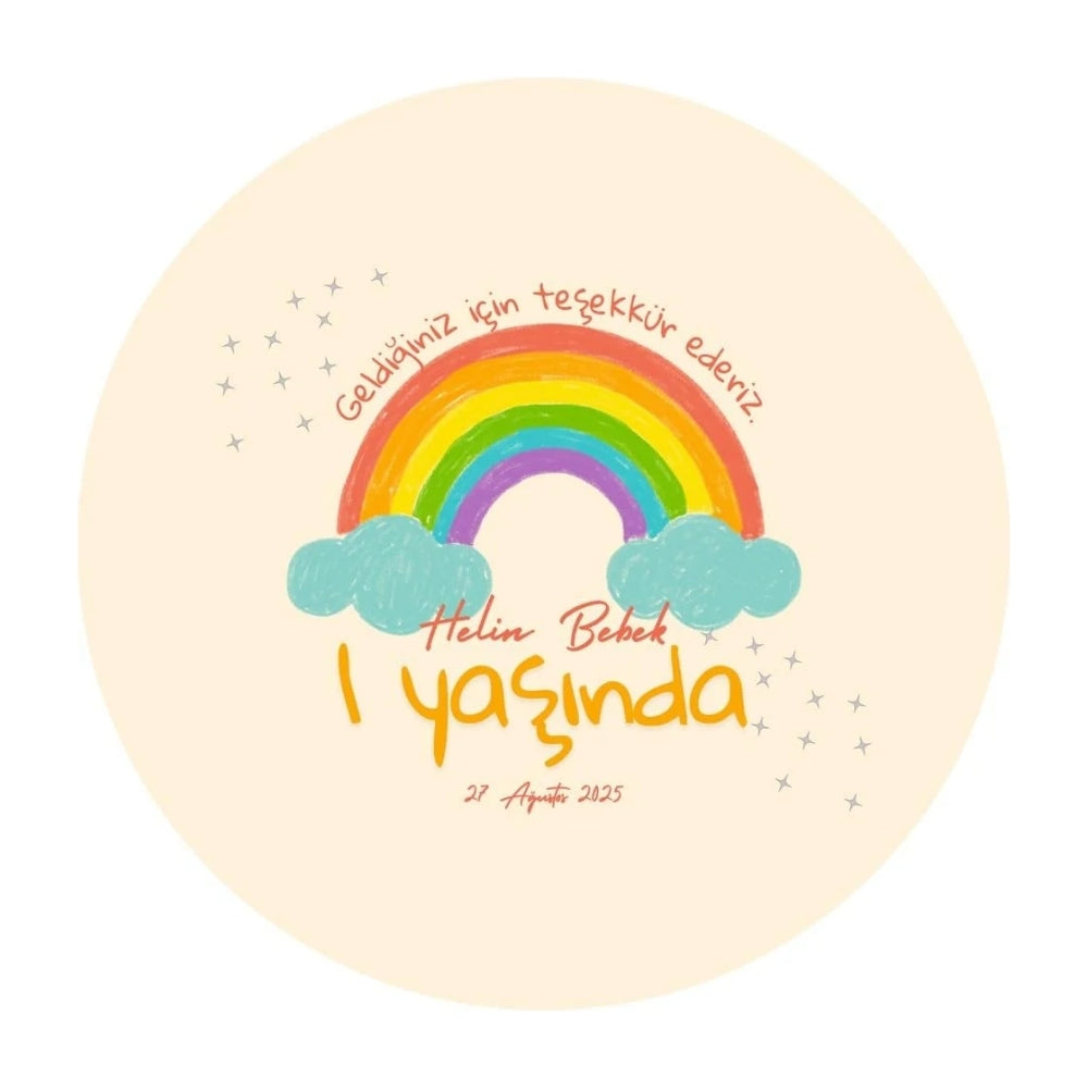 Sticker Master Kişiye Özel “1 Yaşında” Gökkuşağı Sticker – 3 × 3 cm (50’li Paket)