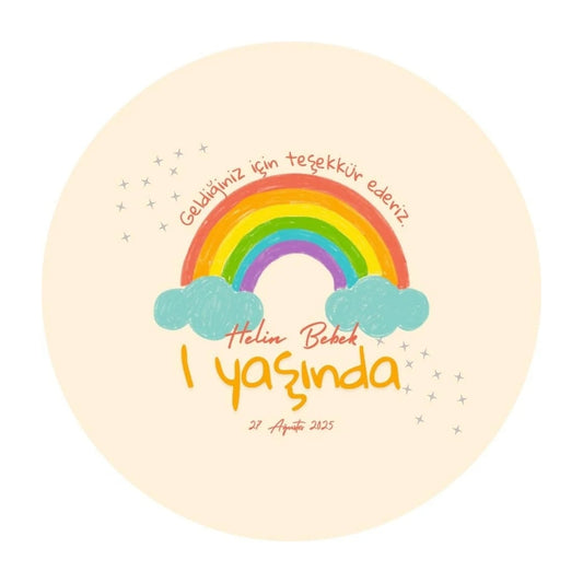Sticker Master Kişiye Özel “1 Yaşında” Gökkuşağı Sticker – 3 × 3 cm (50’li Paket)
