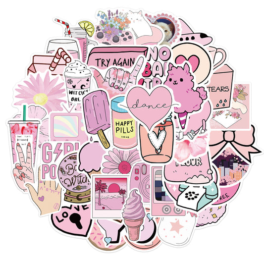 50 Adet Pembe Estetik Sticker Seti Su Geçirmez - Sticker Master