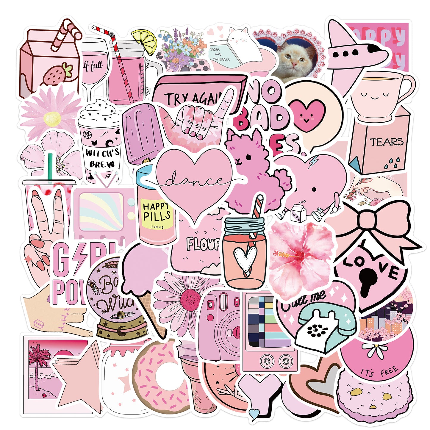 50 Adet Pembe Estetik Sticker Seti Su Geçirmez - Sticker Master