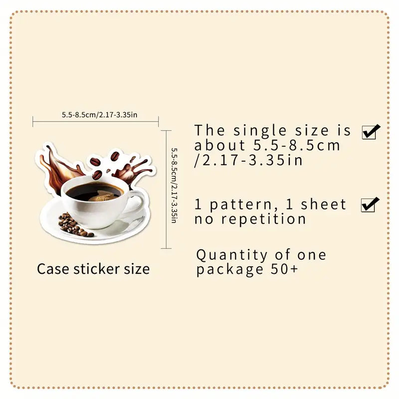 Sticker Master 50’li Kahve Temalı Sticker Seti – Su Geçirmez Kawaii Vinyl Çıkartmalar (Laptop, Defter, Kaykay, Bisiklet, Bavul) | 14+