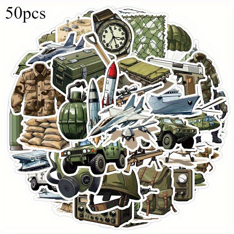 50 Adet Askeri Sticker - Ordu Taktik Ekipmanları, Savaşçılar ve Araçlar, Zeytin Yeşili/Siyah Renk Şeması - Laptop, Telefon, Kask, Bavul için Su Geçirmez Dekorasyon - Askeri Tutkunlar & DIY El İşleri İçin Mükemmel