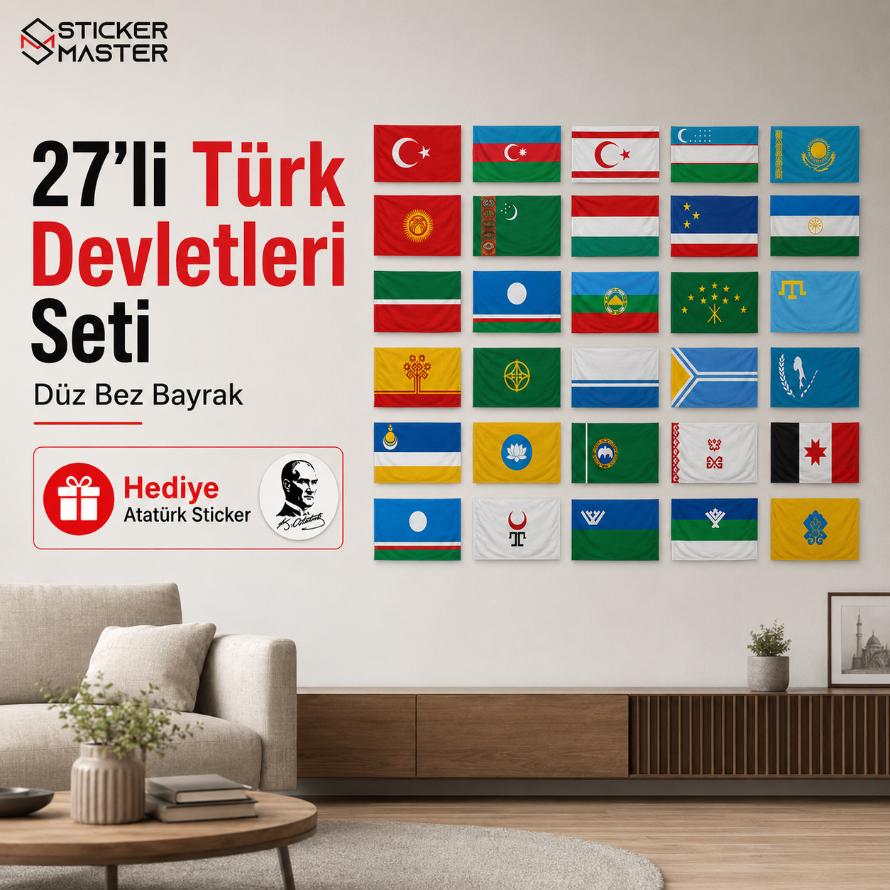 27'li Turk Devletleri Seti Bayrak | Hediye Ataturk Sticker 1
