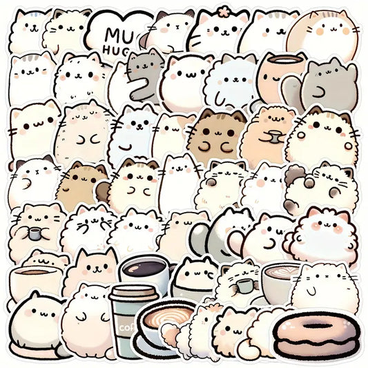Sticker Master 50’li Kawaii Kedi & Kahve Sticker Seti Planlayıcılar, Laptoplar, Su Şişeleri ve DIY Defterler İçin Sevimli Çıkartmalar