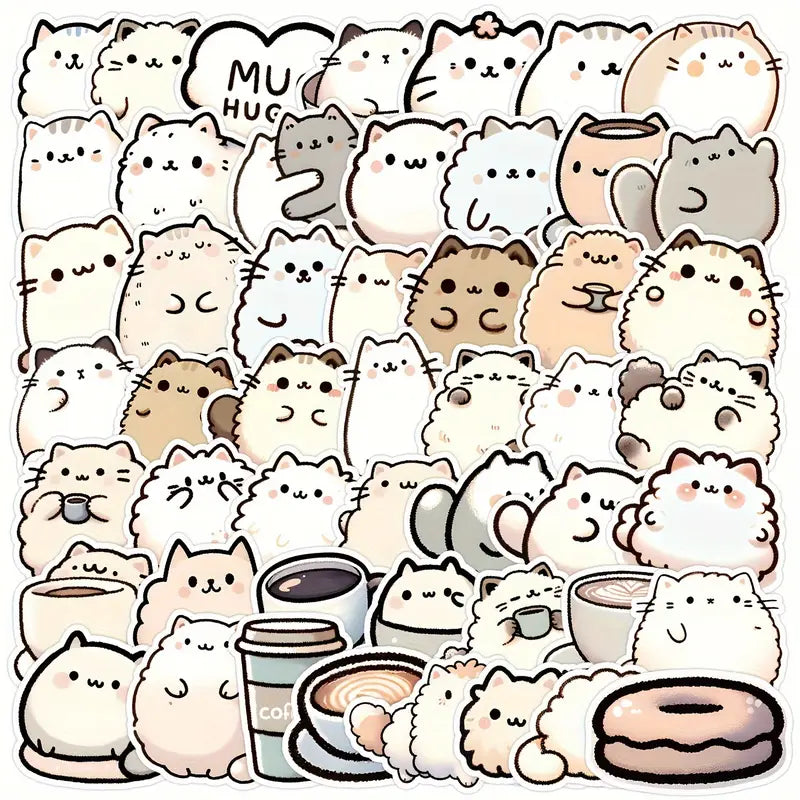 Sticker Master 50’li Kawaii Kedi & Kahve Sticker Seti Planlayıcılar, Laptoplar, Su Şişeleri ve DIY Defterler İçin Sevimli Çıkartmalar