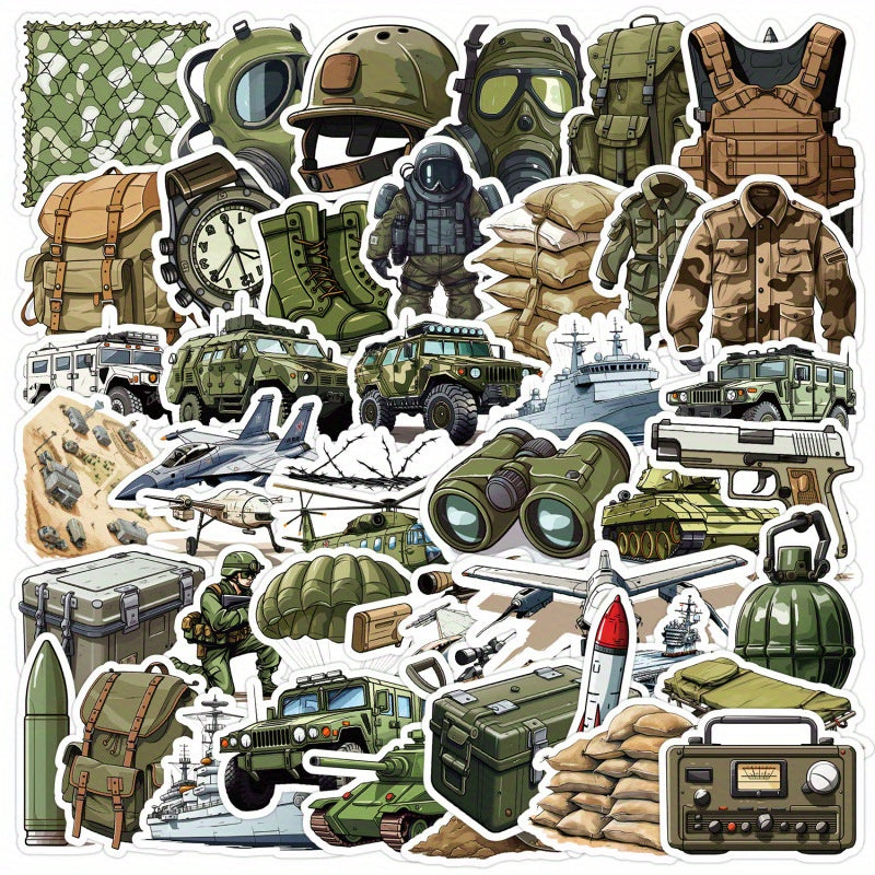 50 Adet Askeri Sticker - Ordu Taktik Ekipmanları, Savaşçılar ve Araçlar, Zeytin Yeşili/Siyah Renk Şeması - Laptop, Telefon, Kask, Bavul için Su Geçirmez Dekorasyon - Askeri Tutkunlar & DIY El İşleri İçin Mükemmel
