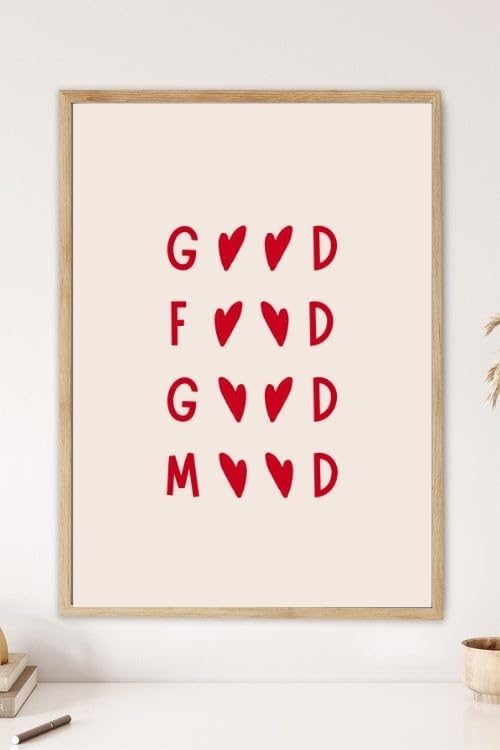 Sticker Master "Good Food, Good Mood" Çerçeveli Poster Tablo (30x42 Cm) | İyi Yemek İyi Ruh Hali Duvar Dekoru | Kırmızı Kalp Desenli | Mutfak, Yemek Odası, Cafe, Ev Ofis İçin Şık Sanat Baskısı