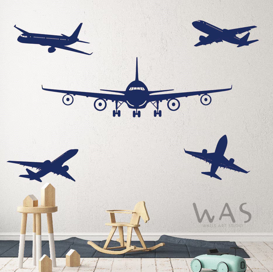 5'li Uçak Duvar Sticker Seti - Çocuk Odası Uçak Silüet Dekoru