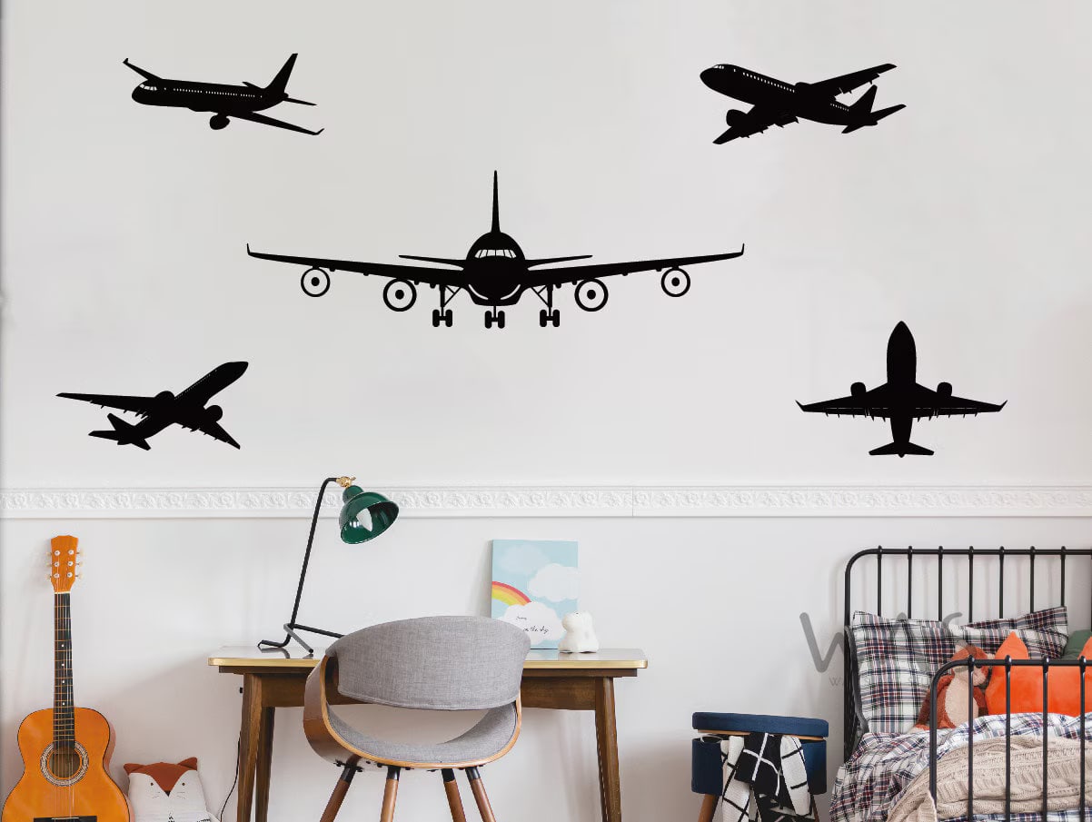 5'li Uçak Duvar Sticker Seti - Çocuk Odası Uçak Silüet Dekoru