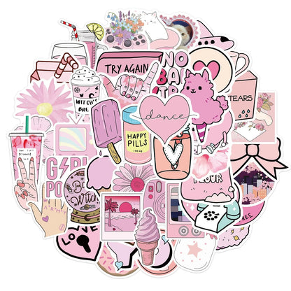 50 Adet Pembe Estetik Sticker Seti Su Geçirmez - Sticker Master - Sticker Master