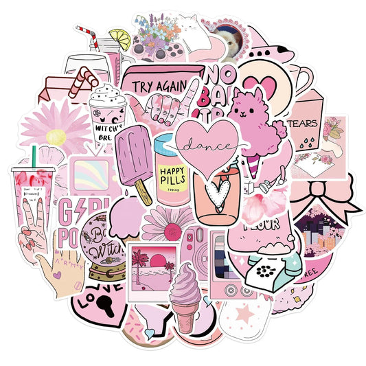 50 Adet Pembe Estetik Sticker Seti Su Geçirmez - Sticker Master - Sticker Master