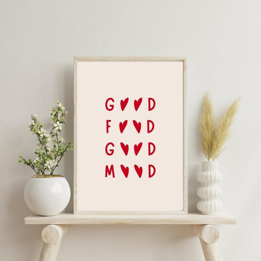Sticker Master "Good Food, Good Mood" Çerçeveli Poster Tablo (30x42 Cm) | İyi Yemek İyi Ruh Hali Duvar Dekoru | Kırmızı Kalp Desenli | Mutfak, Yemek Odası, Cafe, Ev Ofis İçin Şık Sanat Baskısı