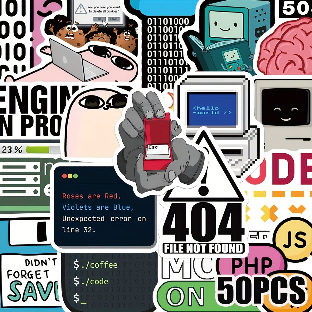 Sticker Master 50 adet Programcı Meme Çıkartmaları - Dizüstü Bilgisayarlar, Gitar Kılıfları, Telefon Kılıfları ve Karalama Defterleri için Teknoloji Temalı Karikatür Çıkartmalar | Dayanıklı PVC, 50+ Stil, Y