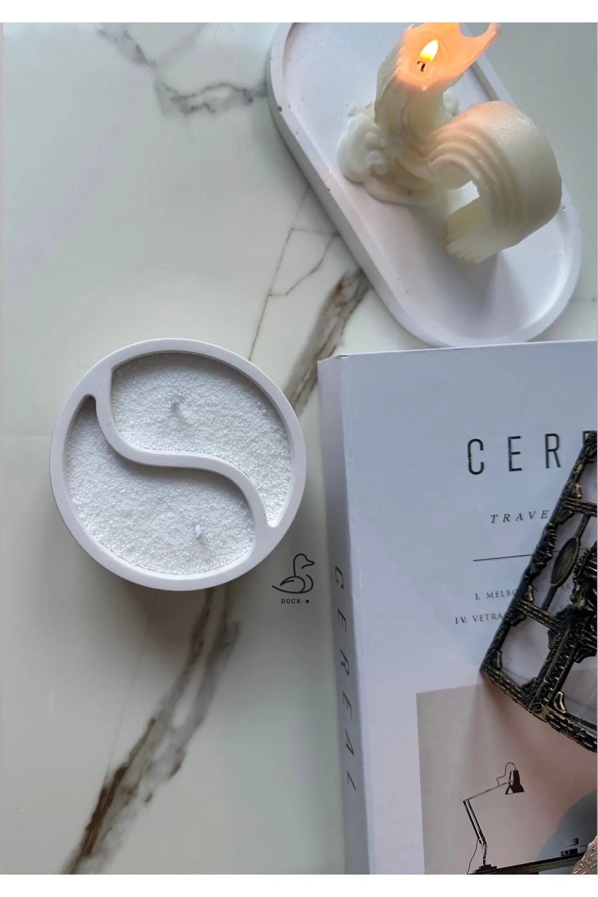 Sticker Master Ying Yang Dekoratif Çift Fitilli İnci Tozlu Dekoratif Beton Mumluk, Modern Tasarım