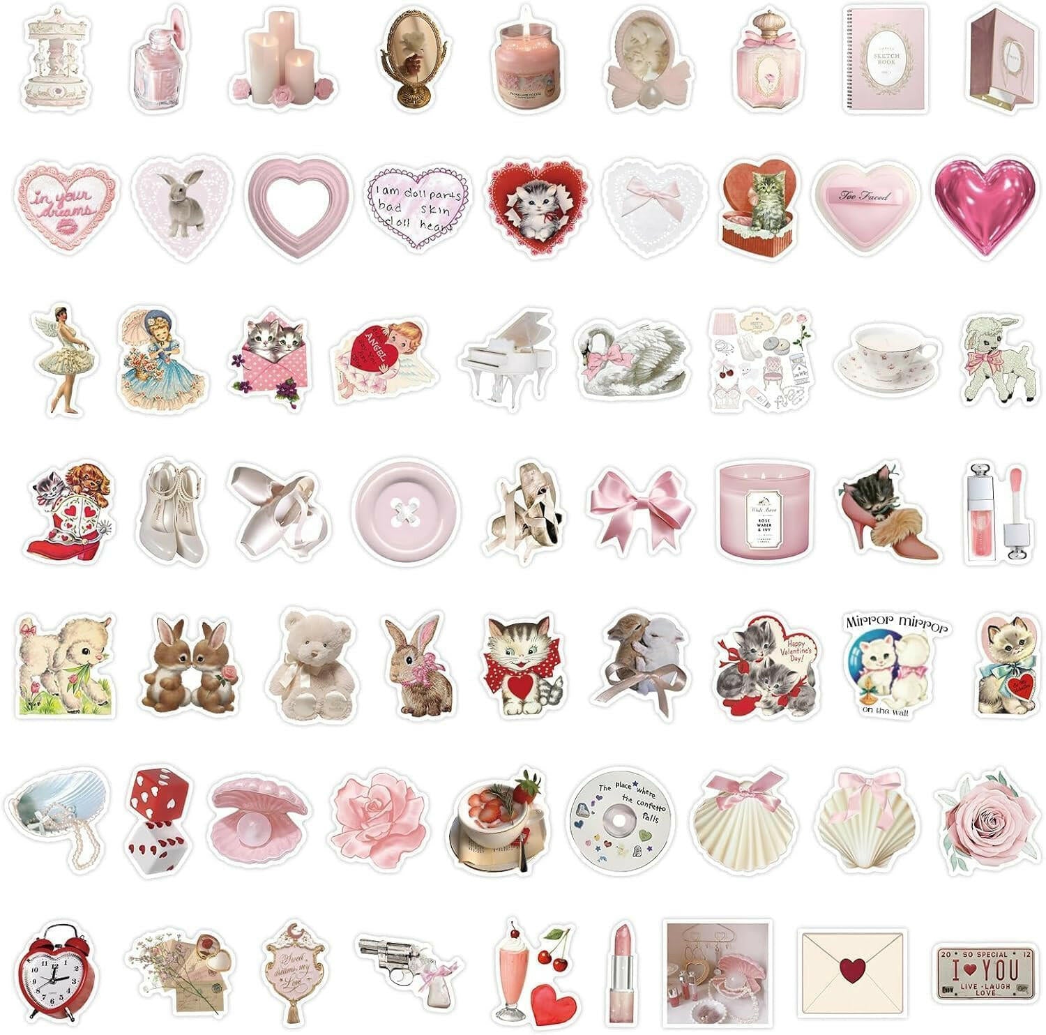 Sticker Master Vintage Pembe Estetik Kolaj Çıkartma Seti - 60 Parça, Su Geçirmez | Sevgililer Günü Temalı - Sticker Master