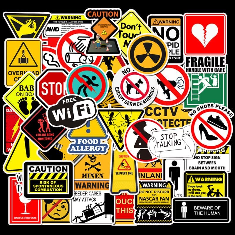 Sticker Master 50PCS Warning Stickers – Danger, Banning, Reminder Signs – Waterproof Decals for Laptop, Motorcycle, Helmet & More