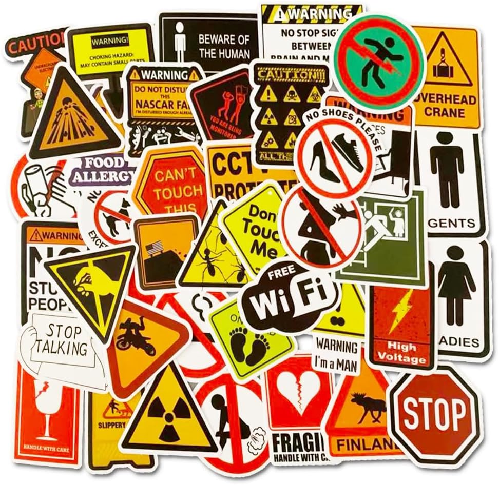 Sticker Master 50PCS Warning Stickers – Danger, Banning, Reminder Signs – Waterproof Decals for Laptop, Motorcycle, Helmet & More