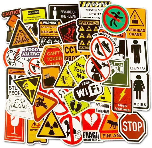 Sticker Master 50PCS Warning Stickers – Danger, Banning, Reminder Signs – Waterproof Decals for Laptop, Motorcycle, Helmet & More