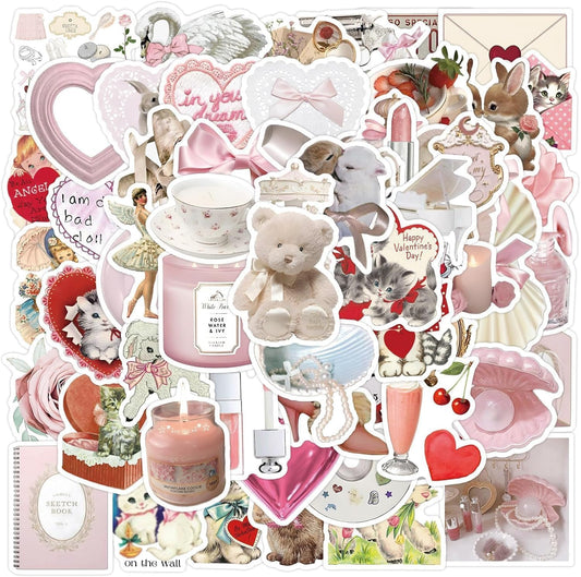 Sticker Master Vintage Pembe Estetik Kolaj Çıkartma Seti - 60 Parça, Su Geçirmez | Sevgililer Günü Temalı