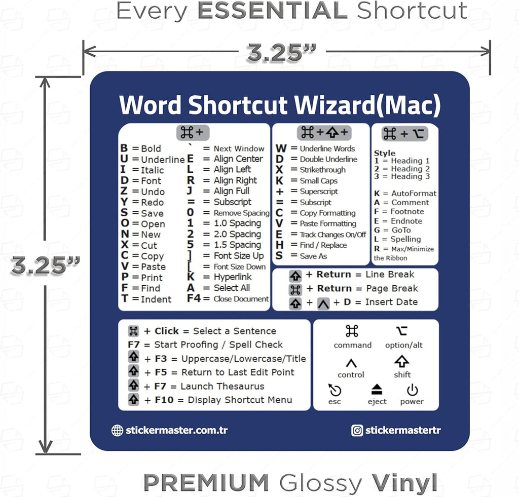 Sticker Master Microsoft Word İçin Referans Klavye Kısayolları Sticker - Macbook Klavye Kısayol Sticker