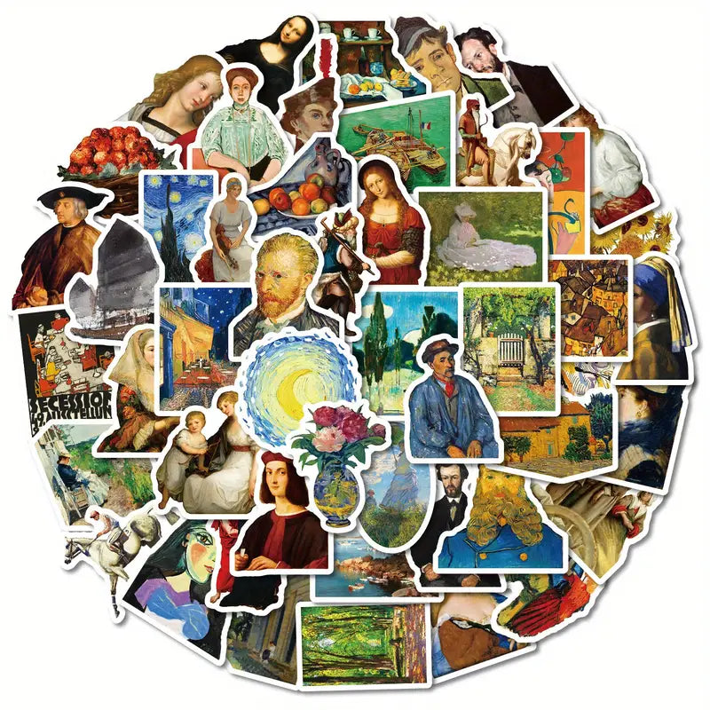 Sticker Master 50’li Ünlü Resimler Sanat Serisi Sticker Seti Laptop, Kaykay, Kask ve Daha Fazlası İçin Sanat Dolu Kağıt Çıkartmalar
