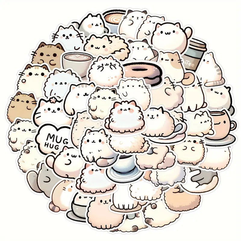 Sticker Master 50’li Kawaii Kedi & Kahve Sticker Seti Planlayıcılar, Laptoplar, Su Şişeleri ve DIY Defterler İçin Sevimli Çıkartmalar